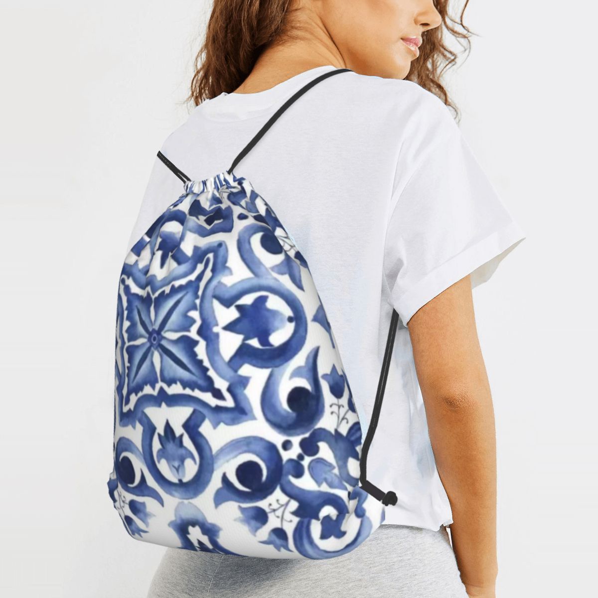 Blue Ornate Floral Mediterrane - Tile Bag Drawstring review and price