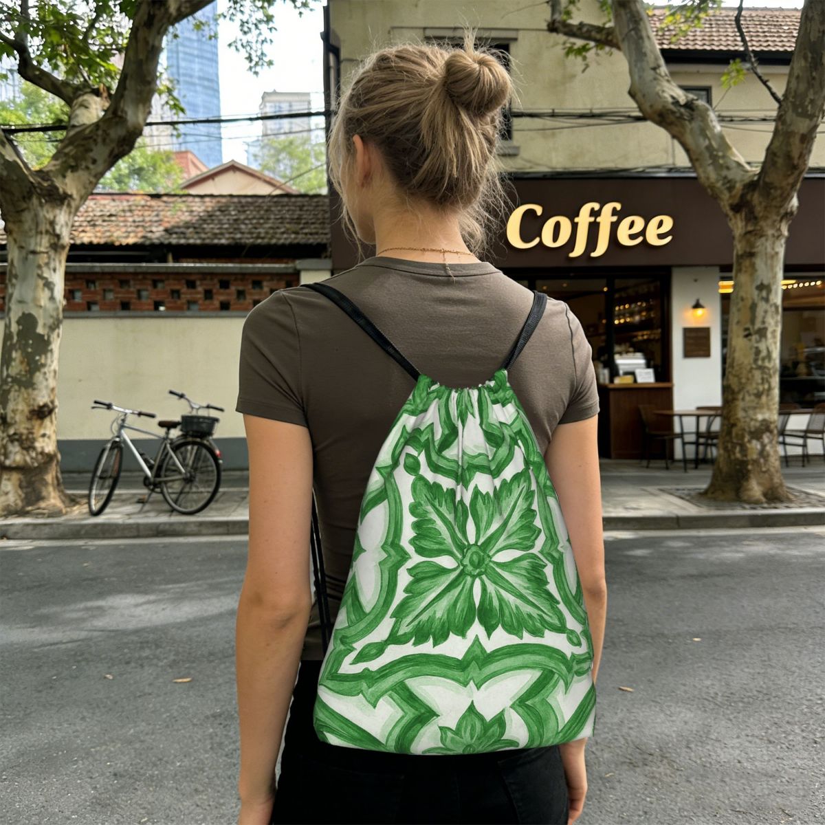 Green Ornate Floral Mediterran - Tile Bag Drawstring review and price
