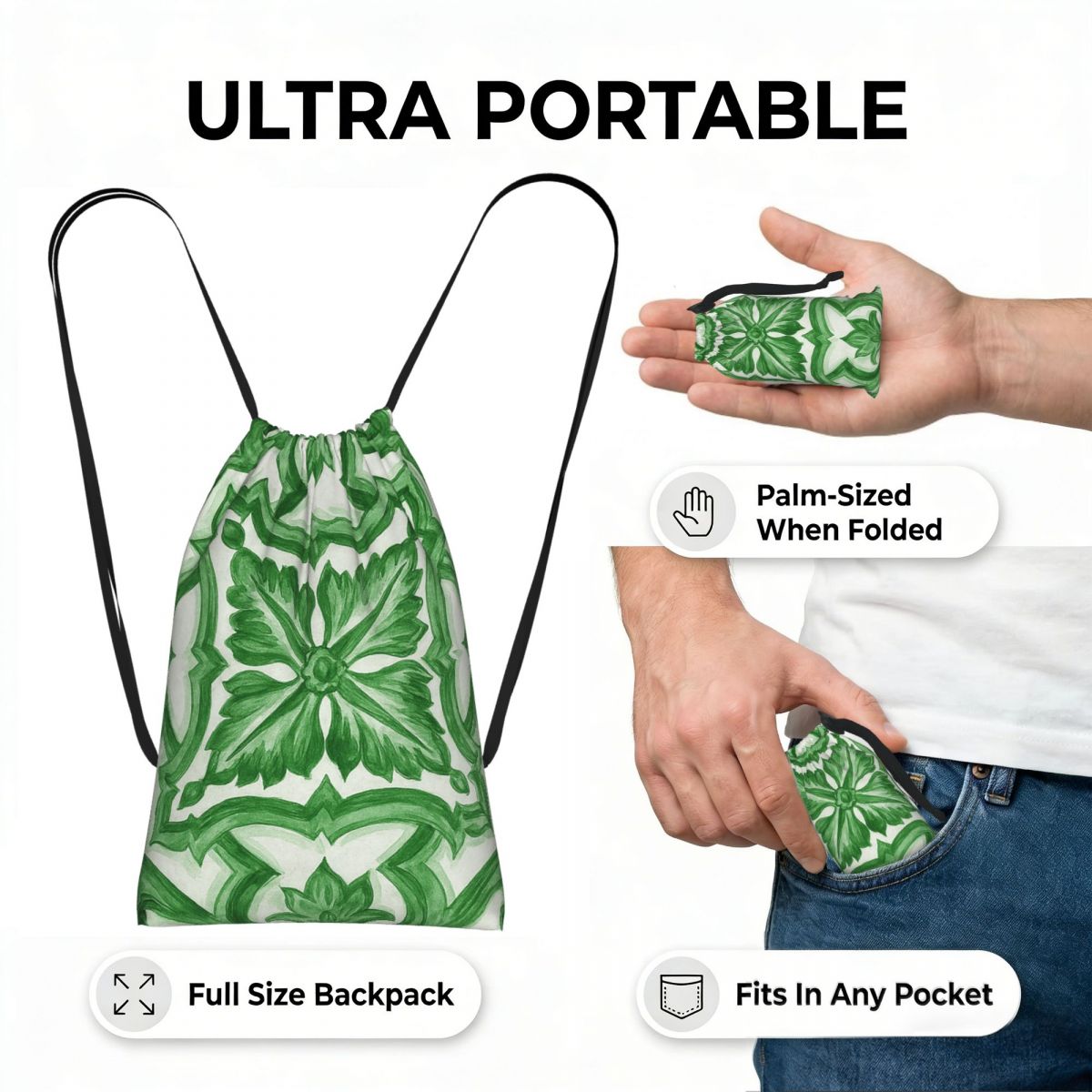 Green Ornate Floral Mediterran - Tile Bag Drawstring review and price